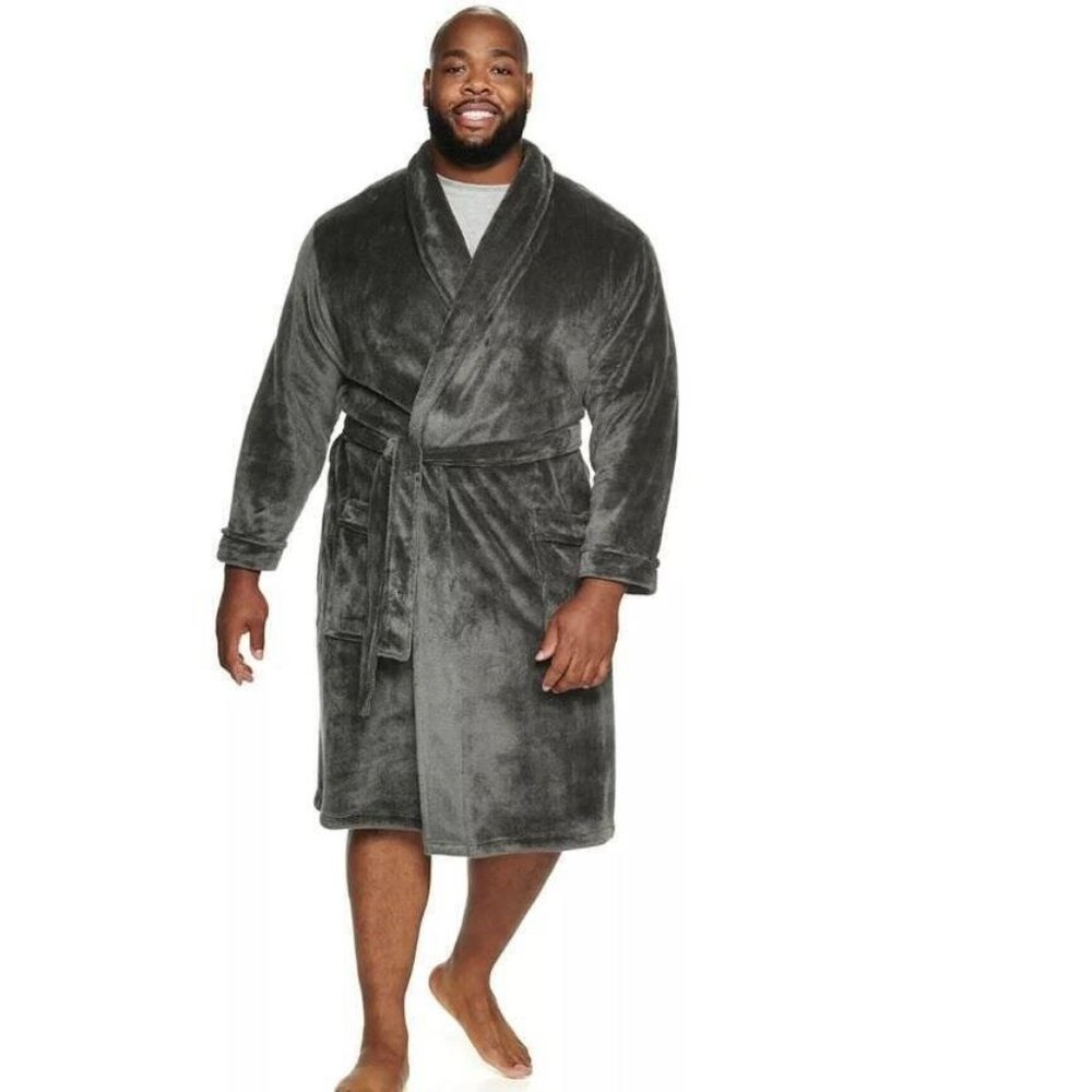 Mens Winter Robe Knee Length 2XLT Gray Plush Long Sleeve Belted Shawl Sonoma